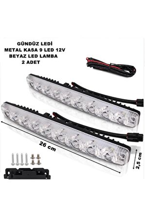 Gündüz Ledi Beyaz 9 Led Siyah Metal Kasa Beyaz Işık Gündüz Ledi 9 Ledli 12v 2 Adet -