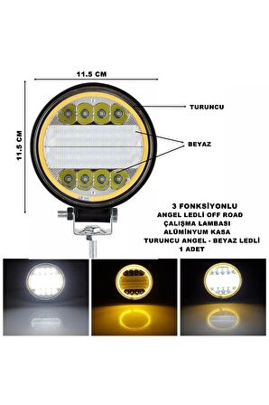 Off Road Oval Çalışma Lambası Turuncu Angel-beyaz Ledli 3 Fonksiyon 11,5 X 11,5 Cm 1 Adet