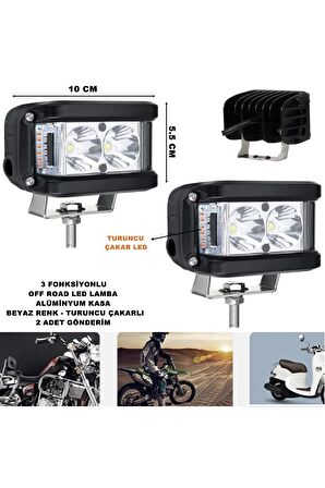 Off Road Led Lamba Turuncu Çakarlı -beyaz Ledli 3 Fonksiyonlu 5,5 X 10 cm 2 Adet