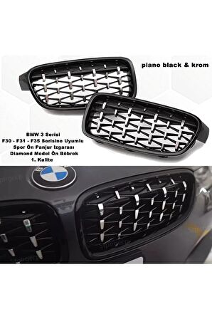 Bmw F30 3 Serisi Diamond Ön Panjur Izgara Böbrek Piano Black & Krom 1. Kalite - Uyumlu