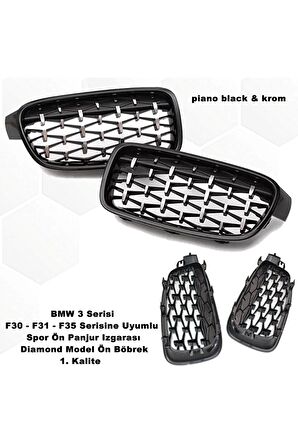 Bmw F35 3 Serisi Uyumlu Diamond Ön Panjur Izgara Böbrek Piano Black & Krom 1. Kalite -