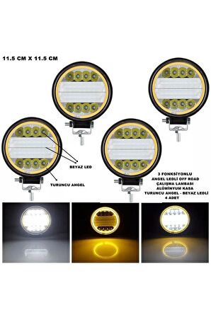 Off Road Oval Çalışma Lambası Turuncu Angel-beyaz Ledli 3 Fonksiyon 11,5 X 11,5 Cm Uyumlu 4 Adet