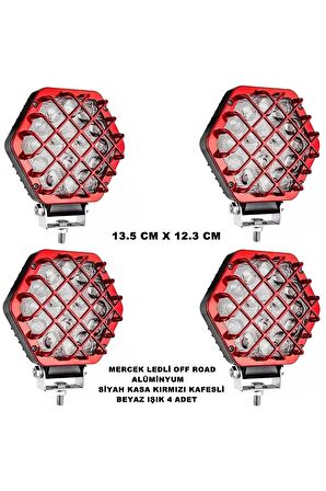 Off Road Led Lamba Kafesli Alüminyum Kırmızı Kasa Beyaz Sabit Led 12,3 X 13,5 Cm Uyumlu 4 Adet