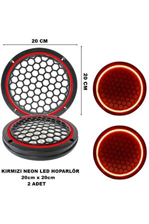 20x20 cm Neon Led Işıklı Midrange Hoparlör Kapağı Yuvarlak Çiftli (2 adet) Kırmızı Renk