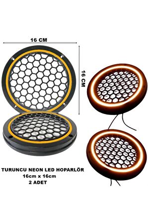16x16 cm Neon Led Işıklı Midrange Hoparlör Kapağı Yuvarlak Çiftli (2 adet) Turuncu Renk
