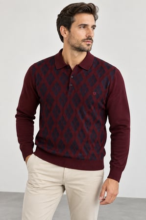 Erkek Polo Yaka Baklava Desenli Triko Kazak - Klasik Kesim Uzun Kollu SM23WT22038-3334-Bordo