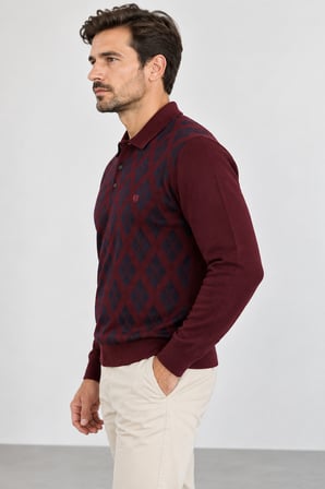 Erkek Polo Yaka Baklava Desenli Triko Kazak - Klasik Kesim Uzun Kollu SM23WT22038-3334-Bordo