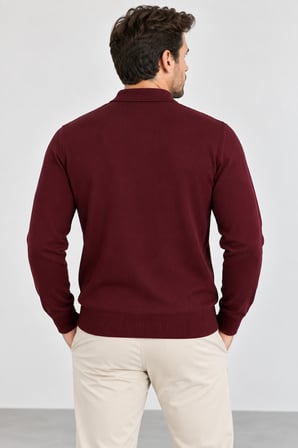 Erkek Polo Yaka Baklava Desenli Triko Kazak - Klasik Kesim Uzun Kollu SM23WT22038-3334-Bordo
