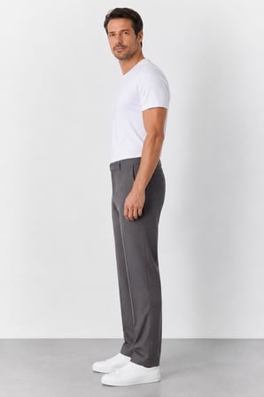 Erkek Klasik Kesim Yan Cep Regular Esnek Keten Dokulu Pantolon SM24SW15012-Koyu Gri