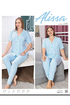 Kadın Pamuklu Mavi Pijama Takımı 6107