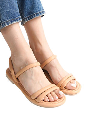 Ortapedik Kadın Sandalet Çift Bantlı Anatomik Rahat Puf Taban VİZON