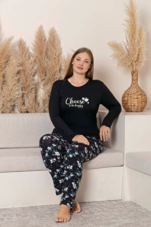 Kadın Bisiklet Yaka Düğmesiz Dökümlü Viskon Mevsimlik Uzun Kol Cepli Pijama Takımı