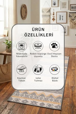 Rinanay Yıkanabilir Kaymaz Taban Dijital Baskılı Yolluk Halı Bej