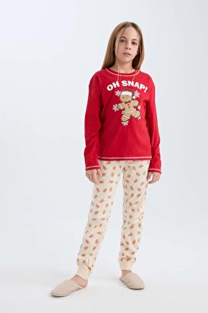 Kız Çocuk Pijama Takımı Yılbaşı Temalı Bisiklet Yaka Uzun Kollu Üst Uzun Alt