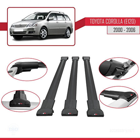Toyota Corolla 9 (E120) SW 2000-2006 Arası ile Uyumlu FLY Model Ara Atkı Tavan Barı Siyah 3 Adet