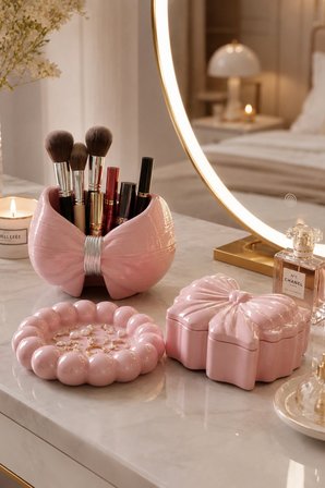 Dekoratif 3'lü Pembe Set , Düzenleyici Çok Amaçlı Saklama Kutusu, Pembe Şekerlik, Kapaklı Mumluk, Makyaj Organizeri, Ev Hediyesi, Takı , Sunumluk