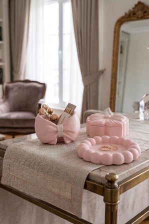 Dekoratif 3'lü Pembe Set , Düzenleyici Çok Amaçlı Saklama Kutusu, Pembe Şekerlik, Kapaklı Mumluk, Makyaj Organizeri, Ev Hediyesi, Takı , Sunumluk