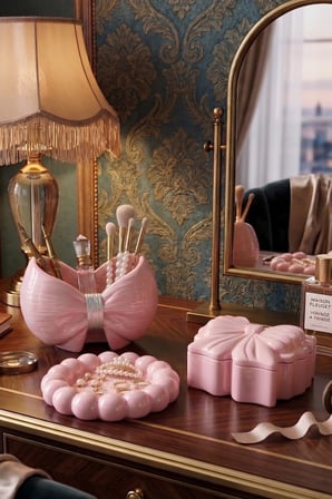 Dekoratif 3'lü Pembe Set , Düzenleyici Çok Amaçlı Saklama Kutusu, Pembe Şekerlik, Kapaklı Mumluk, Makyaj Organizeri, Ev Hediyesi, Takı , Sunumluk