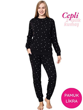 Kadın Bisiklet Yaka Düğmesiz Bilek Manşet/Lastikli 2 İplik Cepli Kışlık Jogger Eşofman Pijama Takımı