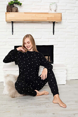 Kadın Bisiklet Yaka Düğmesiz Bilek Manşet/Lastikli 2 İplik Cepli Kışlık Jogger Eşofman Pijama Takımı