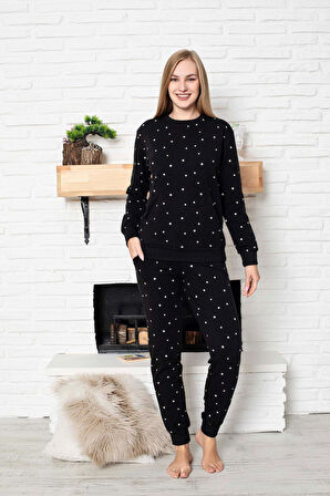 Kadın Bisiklet Yaka Düğmesiz Bilek Manşet/Lastikli 2 İplik Cepli Kışlık Jogger Eşofman Pijama Takımı