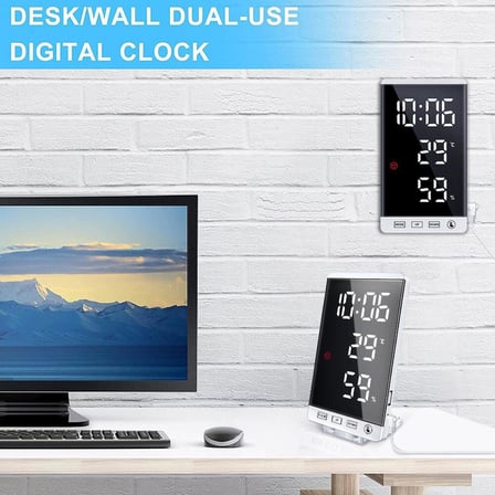 Valkyrie Aynalı LED Dereceli Nem Ölçer Alarmlı Masa Saati Beyaz