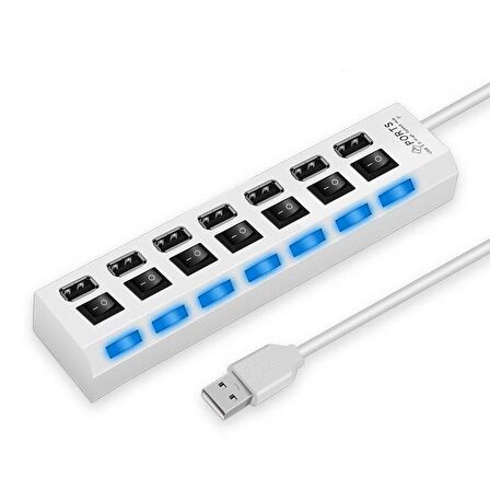 Valkyrie 7 Portlu 2.0 USB Hub Çoklu USB Çoklayıcı Splitter Power Tuşlu Adaptör Beyaz