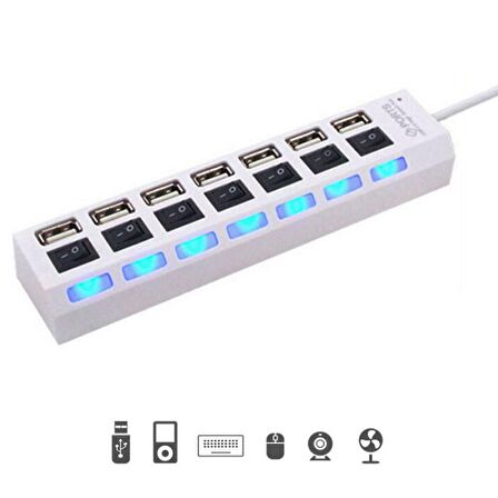 Valkyrie 7 Portlu 2.0 USB Hub Çoklu USB Çoklayıcı Splitter Power Tuşlu Adaptör Beyaz