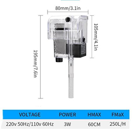Valkyrie 250L Sessiz 3W Askılı Şelale Akvaryum Filtre Kafa Motoru İç Filtre