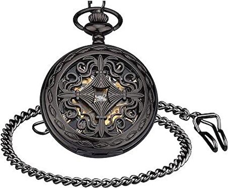 Valkyrie Vintage Kutulu Köstekli Kurmalı Mekanik Chrome İskelet Saat - Hediyelik Cep Saati - Retro