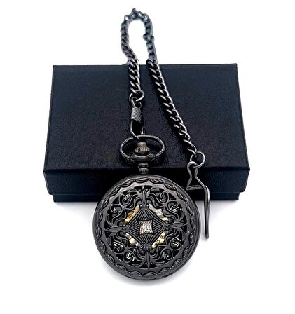 Valkyrie Vintage Kutulu Köstekli Kurmalı Mekanik Chrome İskelet Saat - Hediyelik Cep Saati - Retro