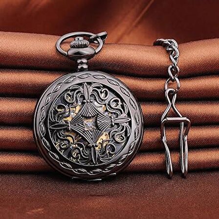 Valkyrie Vintage Kutulu Köstekli Kurmalı Mekanik Chrome İskelet Saat - Hediyelik Cep Saati - Retro