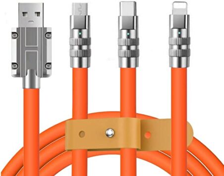 Valkyrie 6A 3in1  Apple Type-C Android Sıvı Silikon Data Hızlı Şarj Kablosu - Bakır Döşeme - Katlanmaz Kırılmaz Dayanıklı Kablo Turuncu