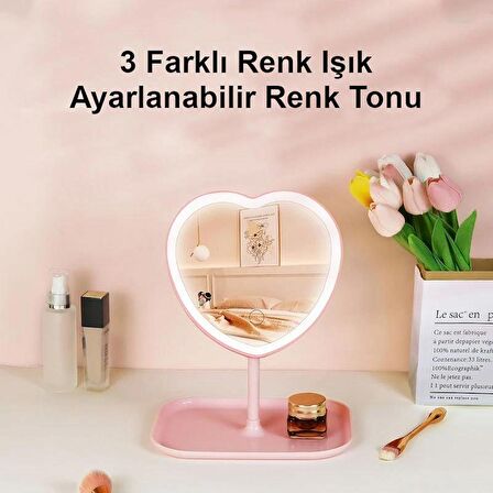 Valkyrie Kalp Şeklinde LED Işıklı Şarjlı Makyaj Aynası - 3 Farklı Işık Rengi - Dokunmatik Touch Ekran - Şarjlı ve Kontrast Ayarlı - Büyük Boy