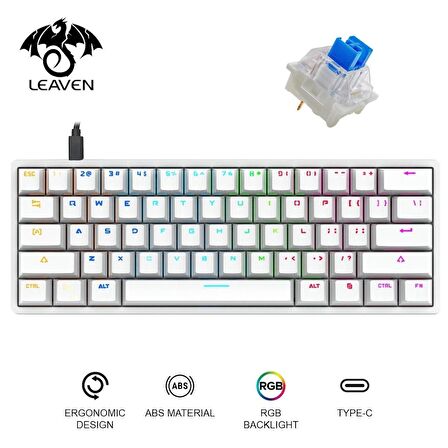 Valkyrie Leaven K620 Blue Switch Mekanik Gaming Oyun Klavyesi RGB 61 Key Mavi Tuş Type-C Klavye Beyaz