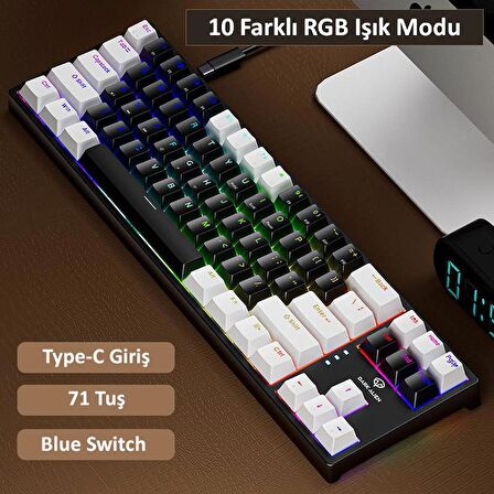 Valkyrie Blue Switch Dark Alien K710 71 Tuş RGB Gaming Klavye - Mekanik Mavi Tuş Type-C  - 2 Kademe Yükseklik BeyazSiyah