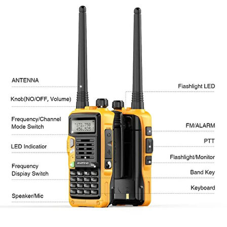 Valkyrie Baofeng UVS9 Plus 8W 2200mAh FM UHF/VHF El Telsiz +Yedek Batarya Sarı