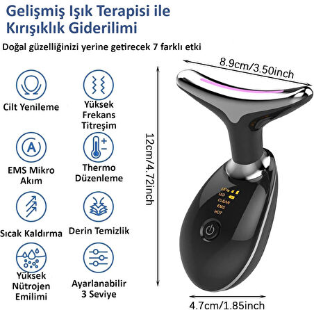 Valkyrie 7 Renk Titreşimli Yüz Boyun EMS Güzellik Cihazı Kırışık Gıdık Sarkma Giderici Siyah