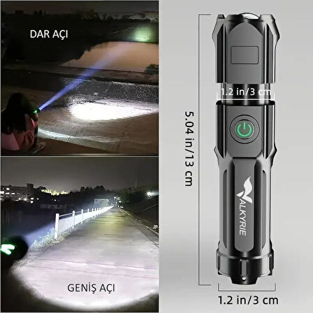 Valkyrie Şarjlı Ultra Güç El Feneri  Zoom 3 Mod Type-C Uzun Kullanım Suya Dayanıklı