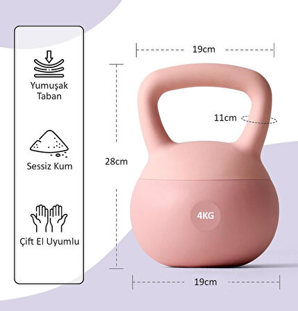 Valkyrie 4kg Soft Kettlebell Yumuşak Tabanlı Metal Kumlu  Ses Yapmaz Darbeye Dayanıklı Çift El Ağırlık