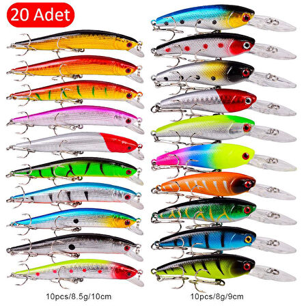 Valkyrie 20 Adet Karışık Minnow Crankbait Swimbait Rapala Sahte Yem Olta Seti Balık İğnesi