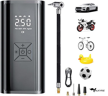 Valkyrie 100W 6000mAh Şarjlı Araba Lastik Hava Pompası LED Işıklı Çok Amaçlı Bisiklet Yatak Top Pompası