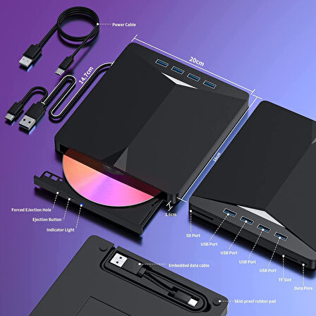Valkyrie Harici CD DVD Rom Yazıcı Okuyucu USB 3.0 HUB Çoğaltıcı TF SD Kart Okuyucu 7in1
