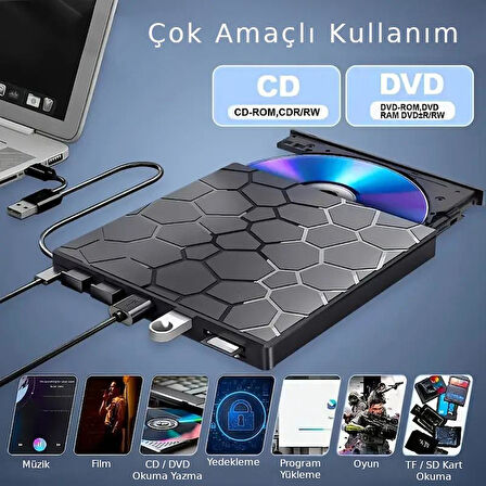 Valkyrie 8in1 Harici CD DVD Okuma Yazma USB 3.0 Hub Çok Amaçlı External Drive TF SD Kart Okuyucu