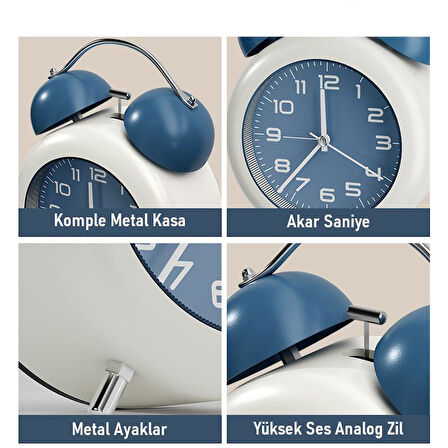 Valkyrie Akar Saniyeli Analog Yüksek Sesli Şirin Masa Saati Alarmlı Işıklı Dakik  Çift Çanlı Mavi