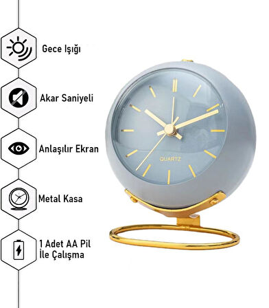 Valkyrie Akar Saniyeli Işıklı Metal Gold Dijital Masa Saati Alarmlı Mavi