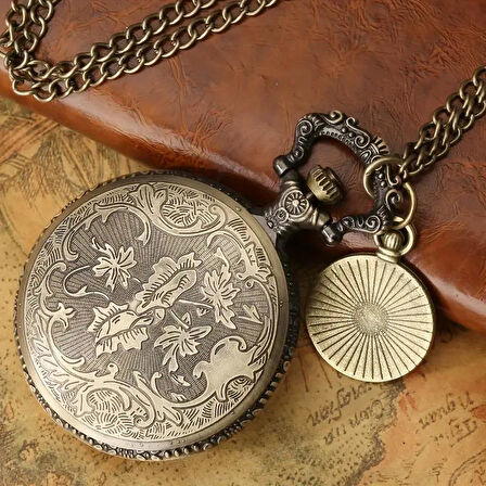 Valkyrie Vintage Antika Tasarım Renkli Roma Rakamlı Bakır Kasa Şeffaf Kapaklı Kuvars Cep Köstekli Saat