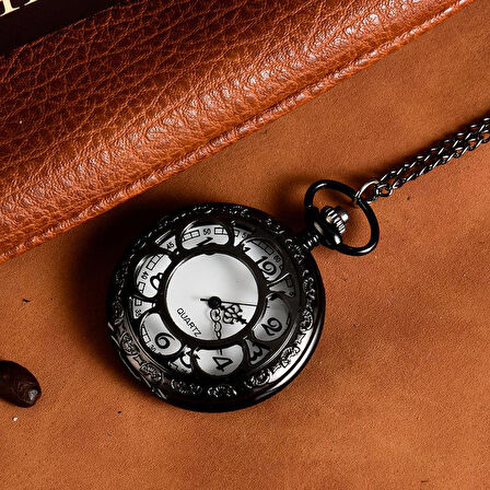Valkyrie Vintage Retro Roma Rakamlı İşlemeli Cep Köstekli Saat Siyah