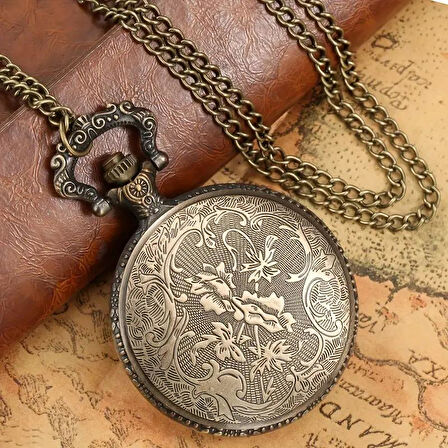 Valkyrie Zarif Kabartma Çiçek Desenli Vintage Bronz Cep Saati - Kolye Köstekli Retro Hediye