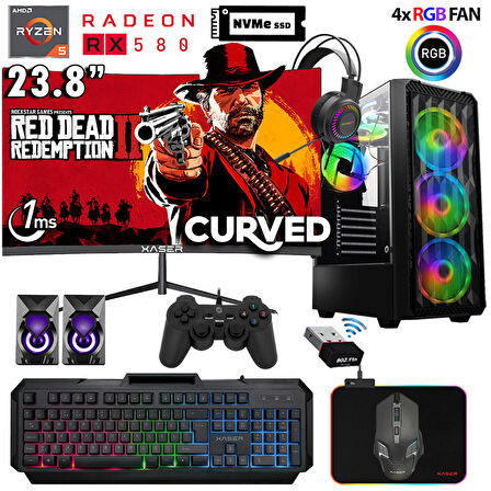 Xaser Armor X40 Ryzen 5 5500 16GB Ram 512GB M.2 NVMe SSD 8GB RX580 24" Curved Masaüstü Oyuncu Bilgisayarı